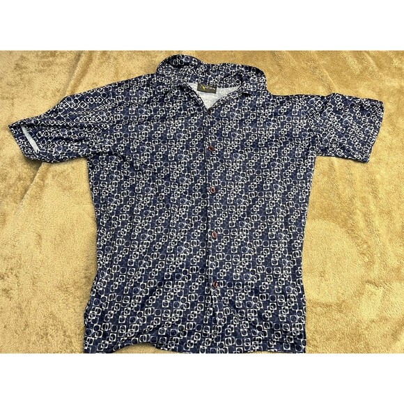 Icon Men’s Button Front Shirt XXL Navy Geometric Retro Print Short Sleeve - Picture 1 of 8